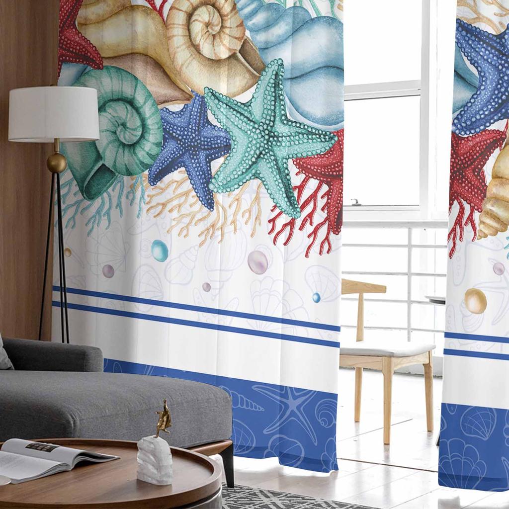 Sommerliche Marine-Aquarell-Seestern-Muschel-Korallenblau-Tüll-Fenstervorhänge für Schlafzimmer, Luxus-Vorhänge im Wohnzimmer, Chiffon-Paneele