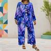 Women Plus Size Red Floral Printed Round Neck Long Sleeve Layered Top Wide Leg Cropped Pants Two Piece Set