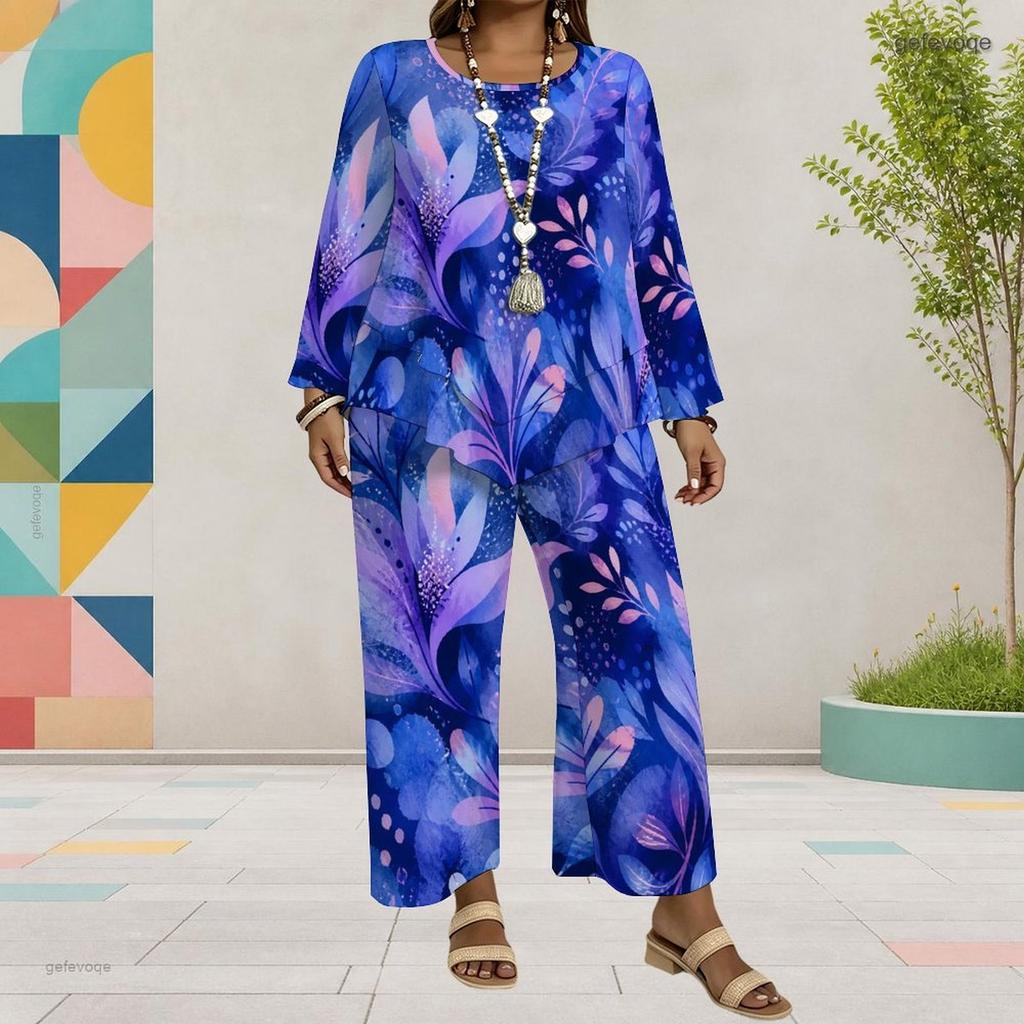 Women Plus Size Red Floral Printed Round Neck Long Sleeve Layered Top Wide Leg Cropped Pants Two Piece Set