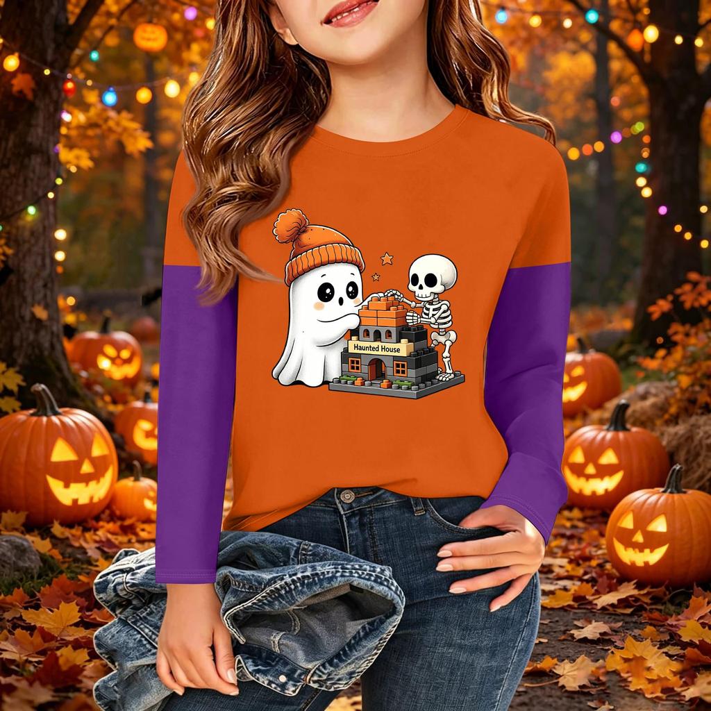 Children's Halloween Printed Long Sleeve Round Neck Casual Base Layer Shirt for Boys and Girls