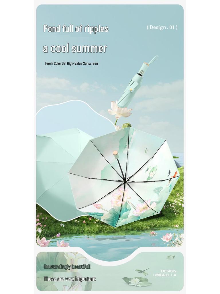 Dreilagiger floraler Automatikschirm mit UV-Schutz, doppelt verwendbar für Sonne und Regen, Digitaldruck mit passendem Griff - Auf Lager