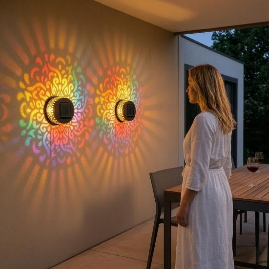 Solar Wall Light, 7 Color Changing Metal Fence Lamp with Projection, Outdoor Waterproof Garden Light for Yard Patio Column Decor