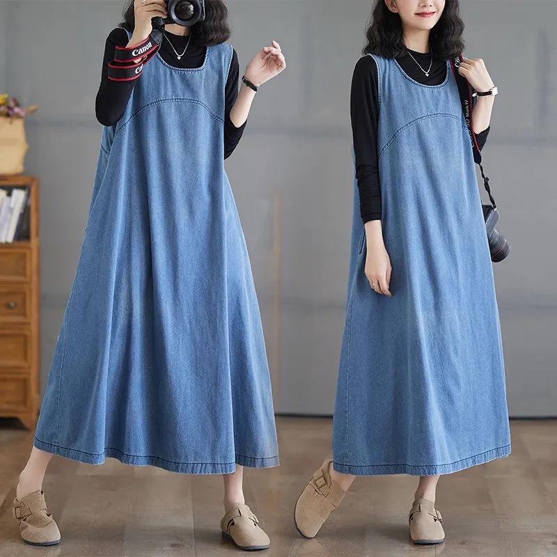 Plus Size Sleeveless Denim Vest Dress - Sweet, Casual, Blue Long Dress for Women