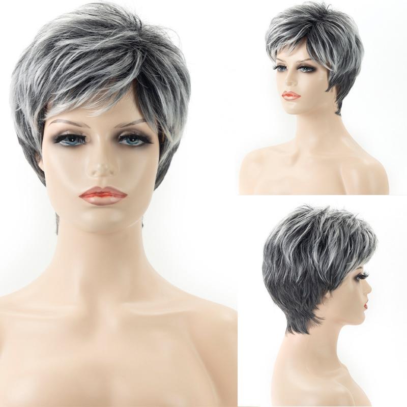 

Natural Synthetic Short Curly Wigs Silver Grey Wig with Bangs Pixie Cut Ash Blonde Wig for Women Cosplay Elder Lady Mommy Hair