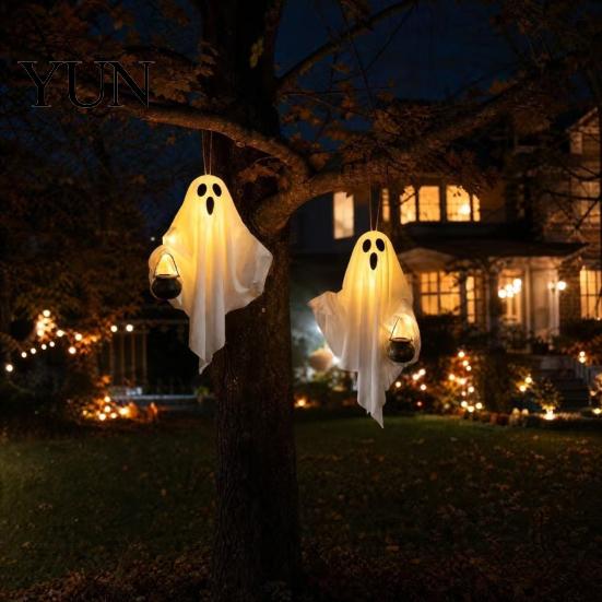 Night Festival Scene Decorations Halloween Hanging Ghost with LED Lights, Spooky White Gauze Glowing Ornament, Unique Gift Ideas Flexible Figures for
