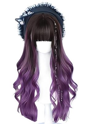 Harajuku-style GAL-kei Women's Wig, Full Wig, Long, Curly, Brown and Purple Gradient, Lolita Style.