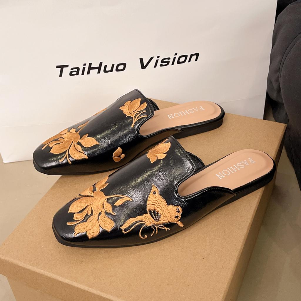 Mode Damen Hausschuhe Flache Sandalen Quadratische Zehen Loafer Schuhe Frau Pantoletten 2025 Trend Sommer Weiches Leder Flach Weiche Sohle Sandalen