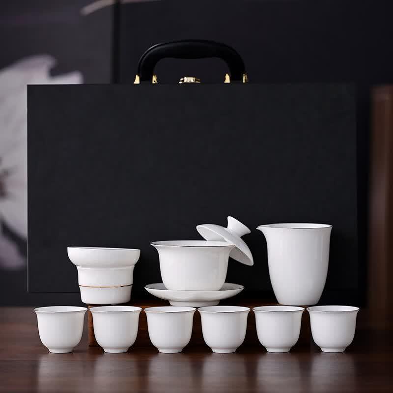 Ru Han Gold-Trim Ceramic Tea Set with Wind Chime Cups, Gift Box