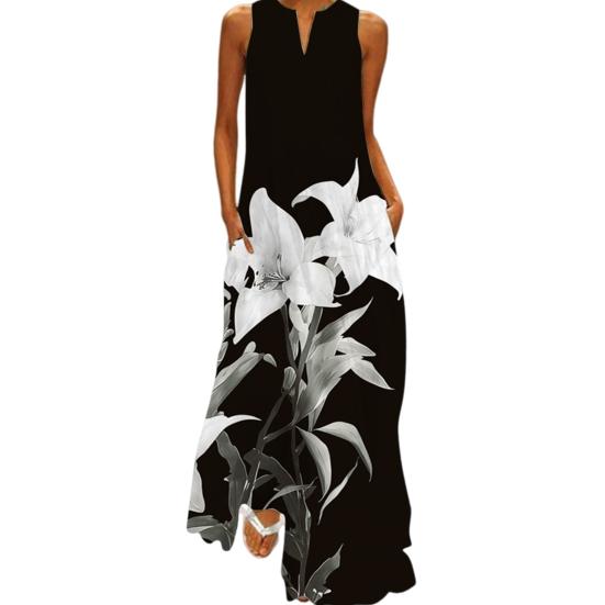 

Летнее платье макси без рукавов с трапециевидным вырезом и цветочным принтом с V-образным вырезом и карманами на плечах, длинное платье полной длины S чёрный