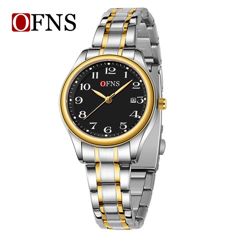 מותג Ofns שעון קוורץ אופנתי קלאסי פלדת אל-חלד מלאה עמיד במים 30 מטר לגברים ונשים לוח שנה תאריך זוגי עסקי