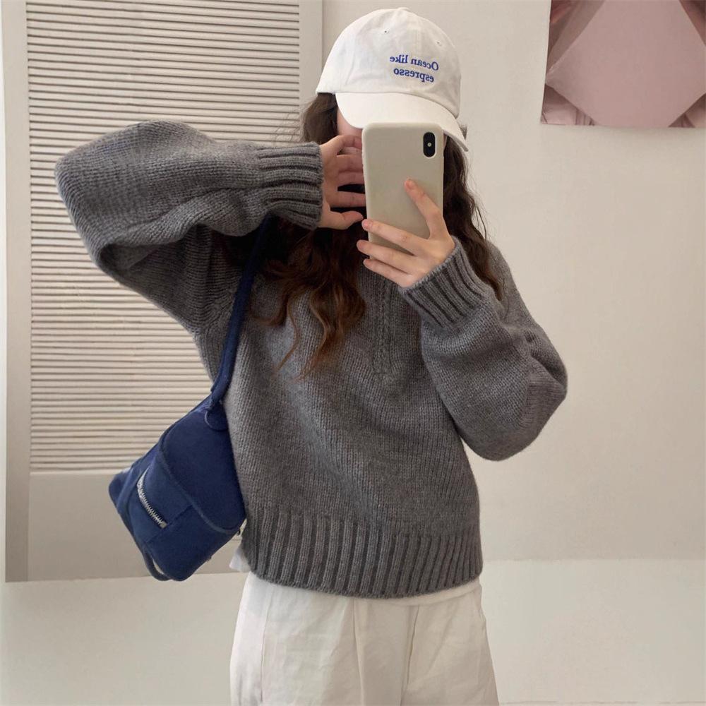 

Пуловер с воротником-стойкой на молнии, женский осенне-зимний, новый ленивый стиль, свободный, утолщенный, повседневный вязаный свитер-топ One size серый