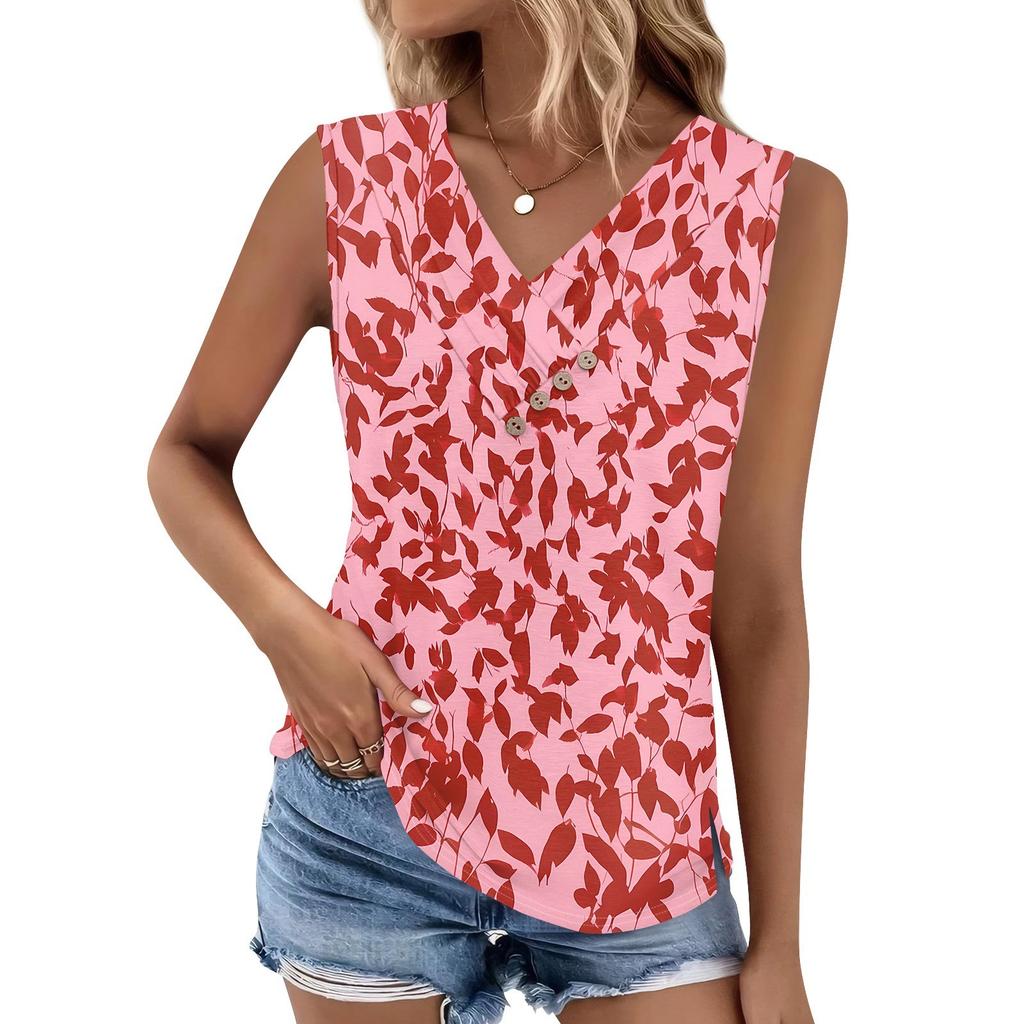 Women's Print Tank Top Button-down V-neck T-shirt Sleeveless Loose Fashion Top