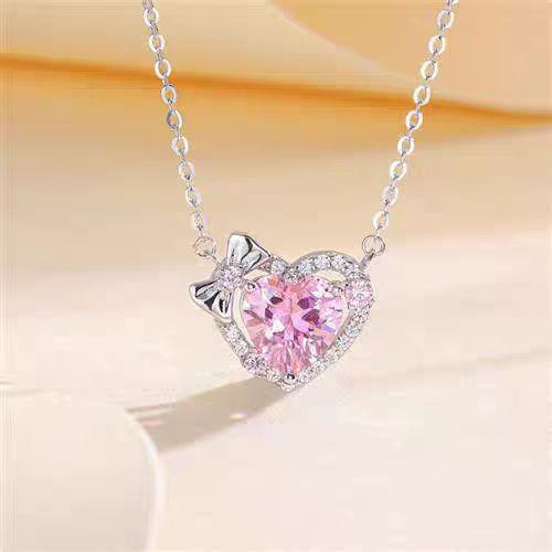 Pink Zirconium Love Necklace Women'S High-End Simple And Sweet Bow Heart Pendant Accessories
