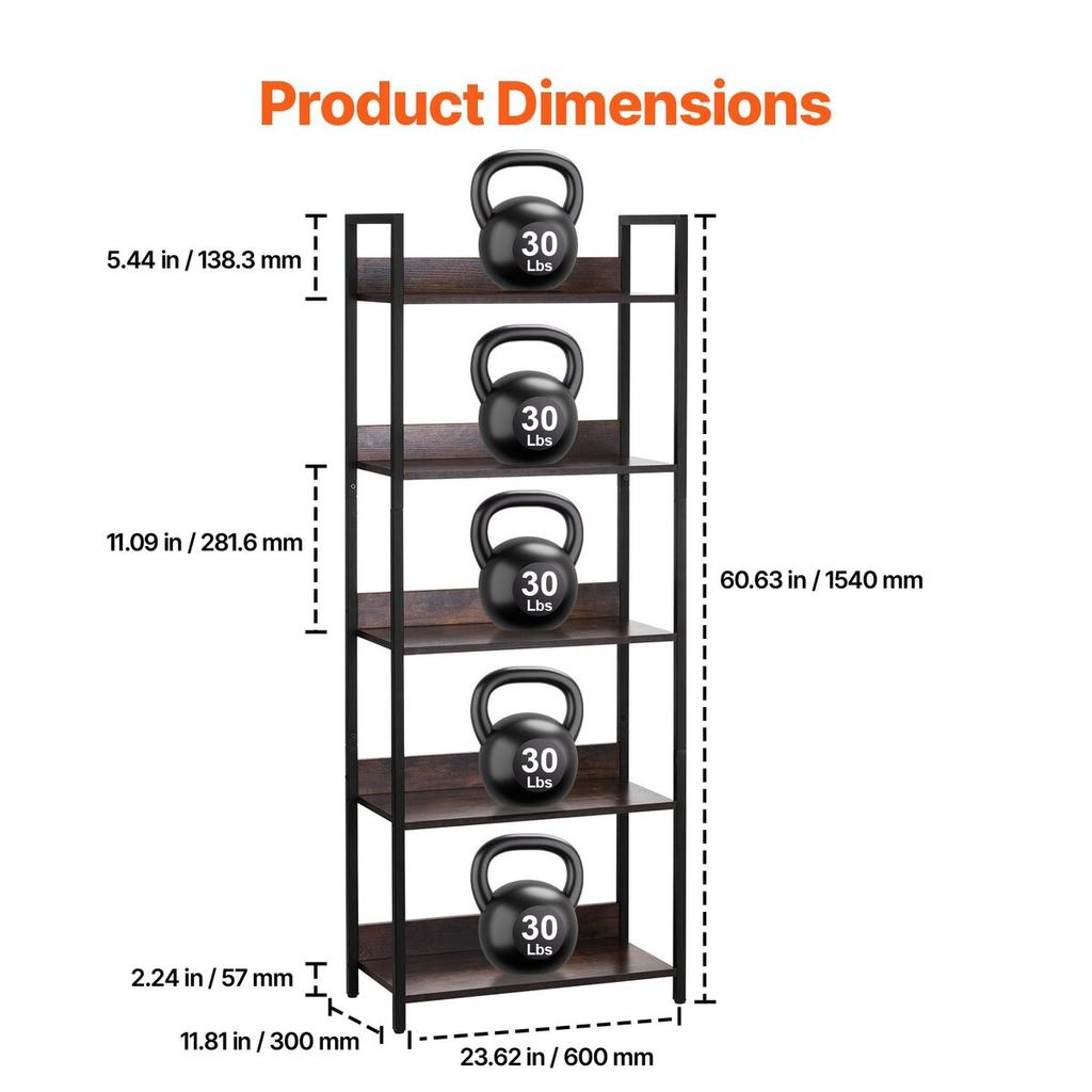 Metal Bookshelf Open Bookshelf 5-Tier for Living Room Bedroom & Office