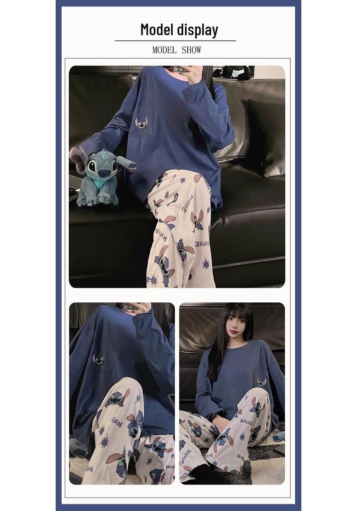 Women's Cartoon Stitch Pajama Set - Long Sleeve & Pants, Wearable Outdoors, Loose Fit for Autumn/Winter.