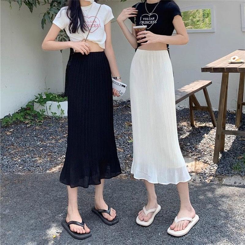 Women's Elegant Bag Hip Skirts High Waist Elastic Folds All-Match Commute Monochromatic Midi Skirts Summer Fashion
