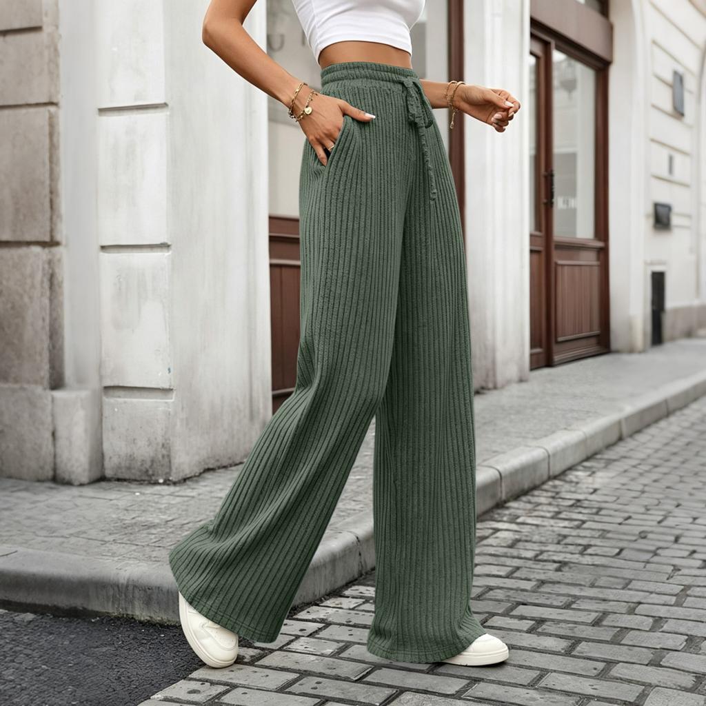 Women's High Waist Drawstring Casual Pants with Brushed Ribbed Elastic Waistband for Fall Winter Wear