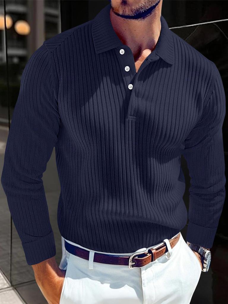 European American Men's Knit Lapel Long Sleeve Polo Shirt