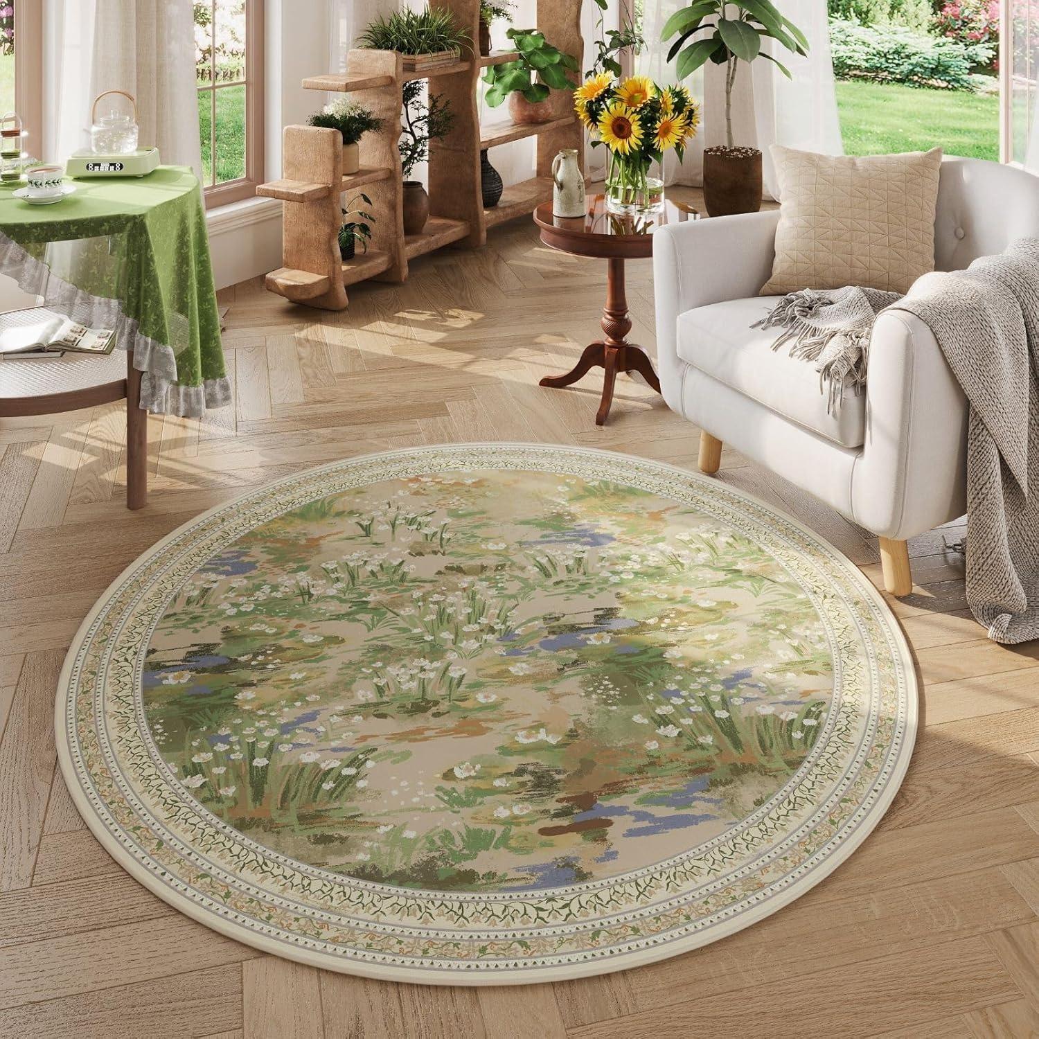 

Floral Botanical Print Round Rug Art Green Plant Pattern Carpet Soft Non-Slip Home Decor Mat for Living Room Bedroom Kitchen 60cmx60cm