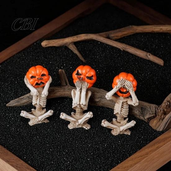 Resin Pumpkin Decor 3 Pcs Halloween Skeleton Statue, Hear See Speak No Evil Head Distressed Craft Figurine, Spooky Skull Ornament for Mantel,