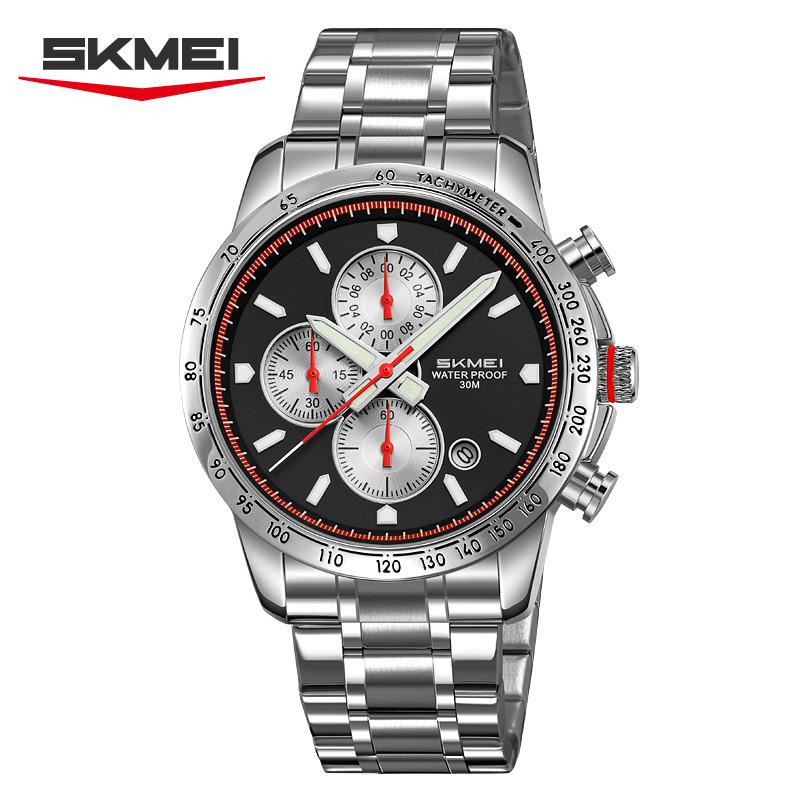 

Chronograph Wristwatch for Men Fashion Stainless Steel Waterproof Luminous Auto Date Quartz Watches серебряный/чёрный