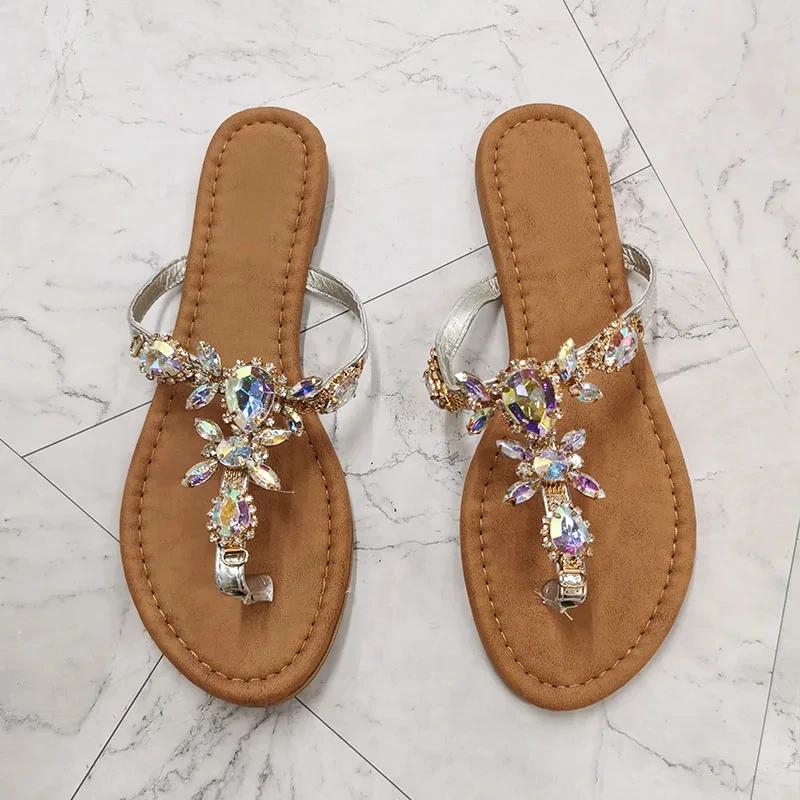Fashion Women Gladiator Sandals Summer Beach Diamond Big Size Fashion Female Sandal Roman Rhinestones Flat with Woman Casual Shoes
