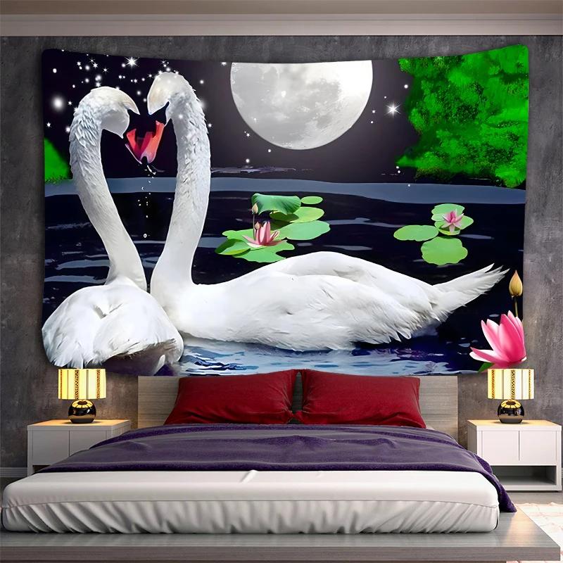 Swans Couples Tapestry Animals Birds Tapestry Romantic Aesthetic Love Tapestry Wall Hanging for Bedroom Living Room Dorm Decor