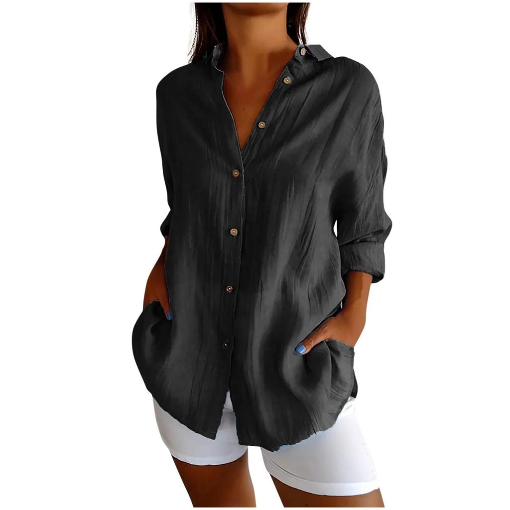 Long Sleeve Linen Shirts For Women Button Down Loose Solid Color Blouse Lightweight Casual Lapel Tunic Tops