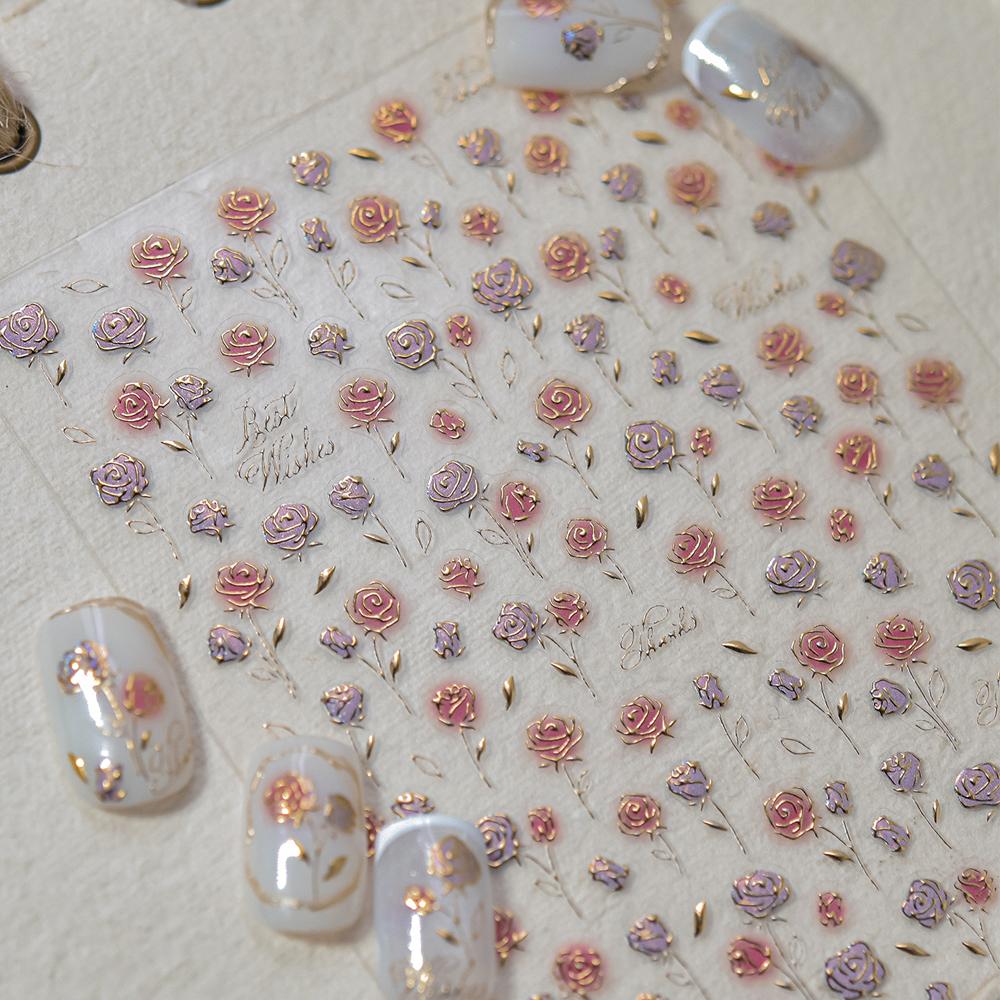 Elegant Black White Floral Nail Sticker Semi-Transparent Blooming Flowers Gold Foil Petal Stunning Botanical Chic Nail Art Decal