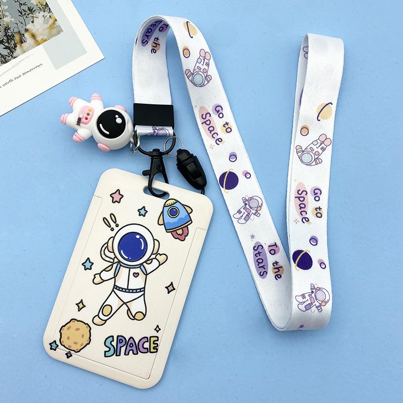 Women Men Work Card Cover White Astronaut Pattern Business Name Card Badge Holder Bus Access Guard Credit Card Case with Lanyard