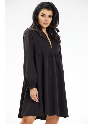 V-neck Mini Trapeze Dress with Long Sleeves, Black XL