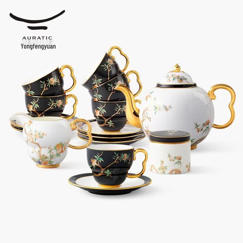 Auratic Madam Porcelain Pomegranate Garden 17-Piece Ceramic Coffee/Tea Set