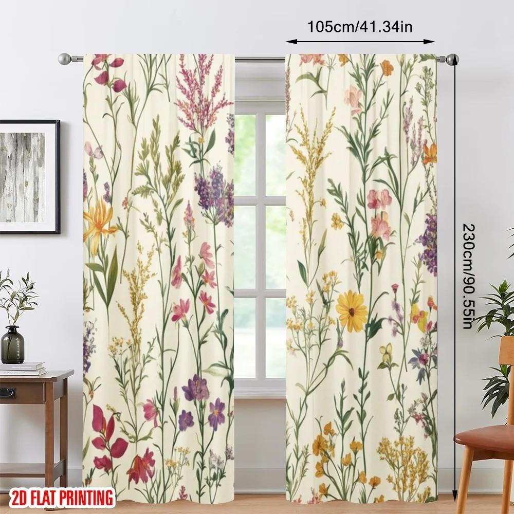 2pcs Floral Printed Curtain Rod Pocket Window Drapes Living Room Bedroom Decor Botanical Home Decor Curtains