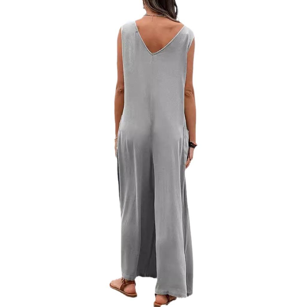 Women Dusty Pink V Neck Sleeveless Pocketed Wide Leg Overalls