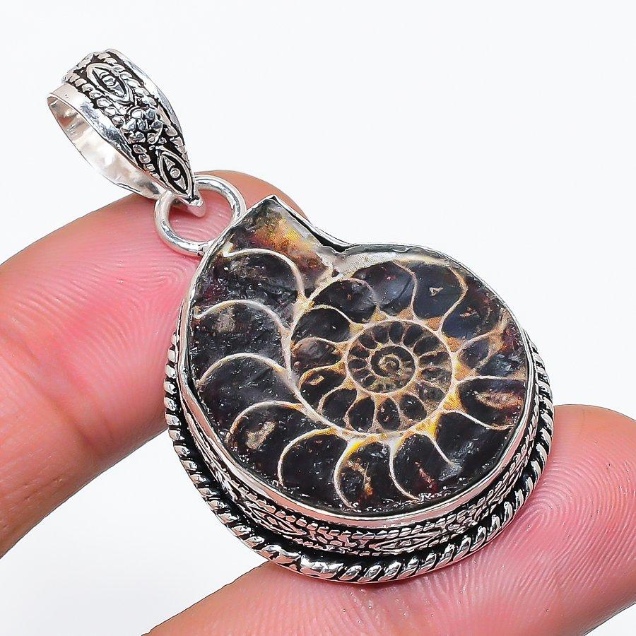 Natural Ammonite Fossil Gemstone 925 Sterling Silver Jewelry Pendant 1.97  AP-14129