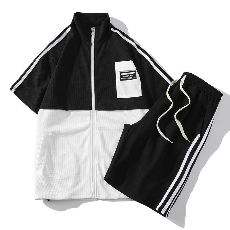 2023 Spring/Summer Color Block Plus Size Couple T-Shirt & Waffle Knit Shorts Set