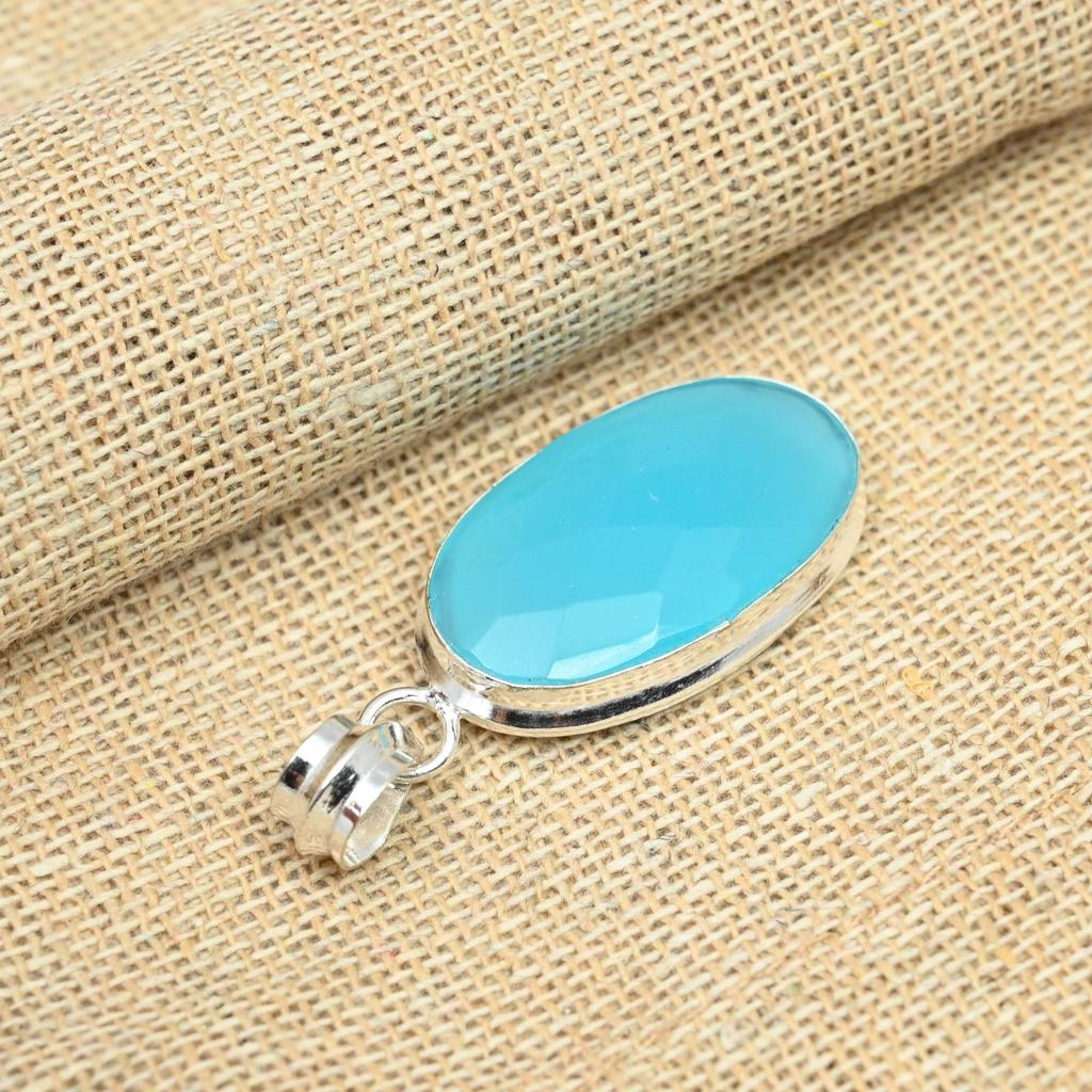 Unique Blue Chalcedony Gemstone Pendant 925 Sterling Silver Jewelry For Women