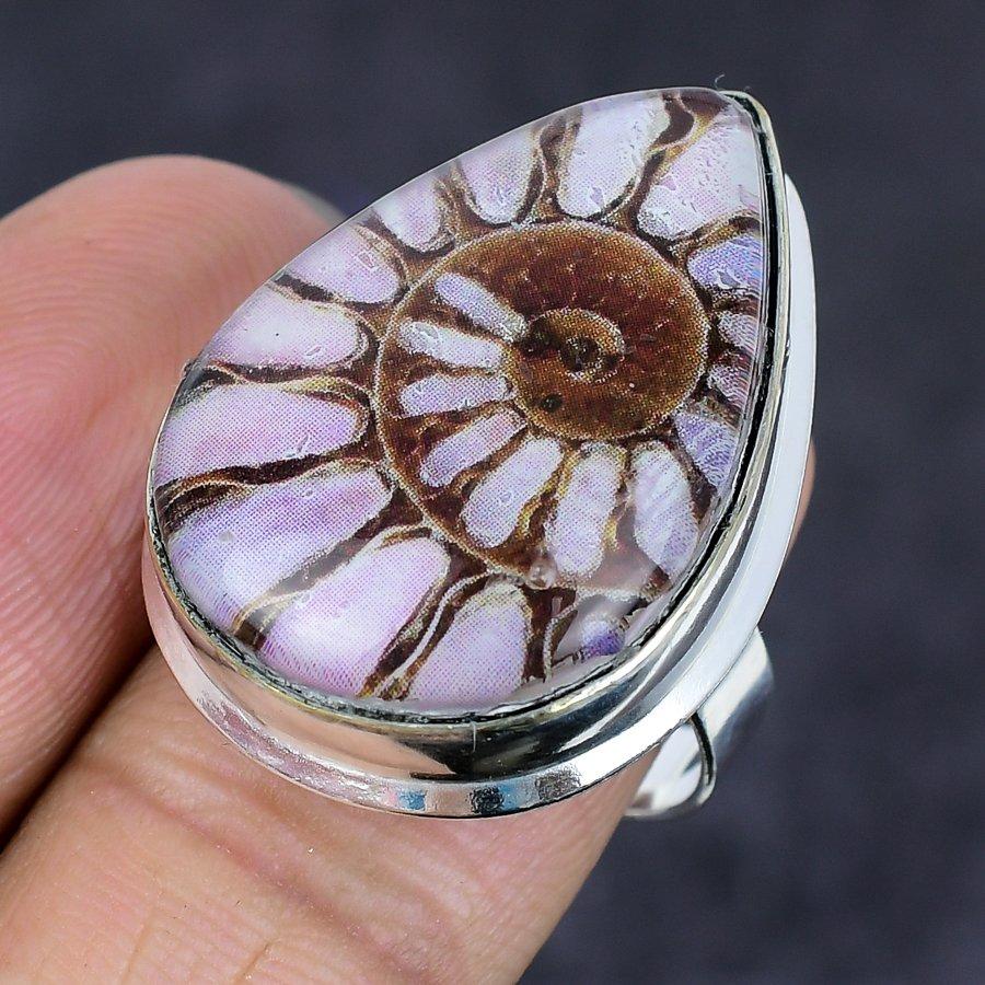 Gemma Fossile di Ammonite Argento Sterling 925 Gioiello Anello Misura 8