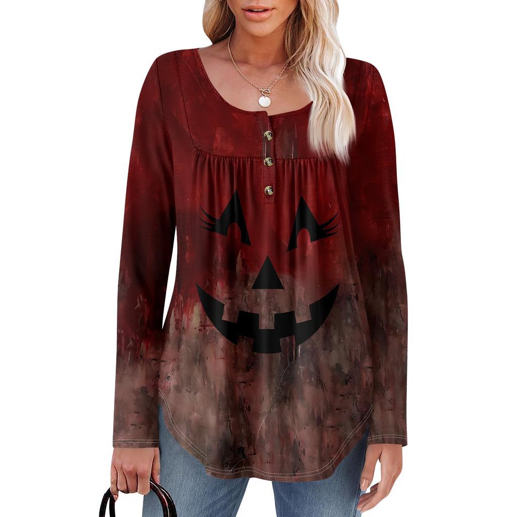 Dam Tunika Långärmad Lös Toppar Casual Oversized Toppar Plisserad Tunika Knäppning Casual Dam Tryckta Toppar