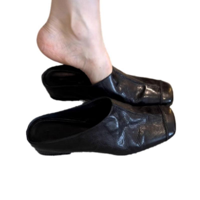 Fashion Luxury Women Summer Leather Slippers Flats Shallow Lazy Boat Slingback Mules Shoes Soft Warm Loafe Women Flip Flops Tongs Femme