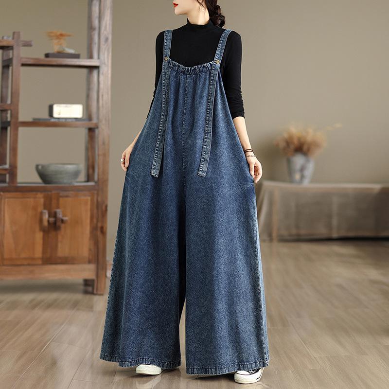 Retro Slimming Denim Jumpsuit - Plus Size, Spring to Autumn