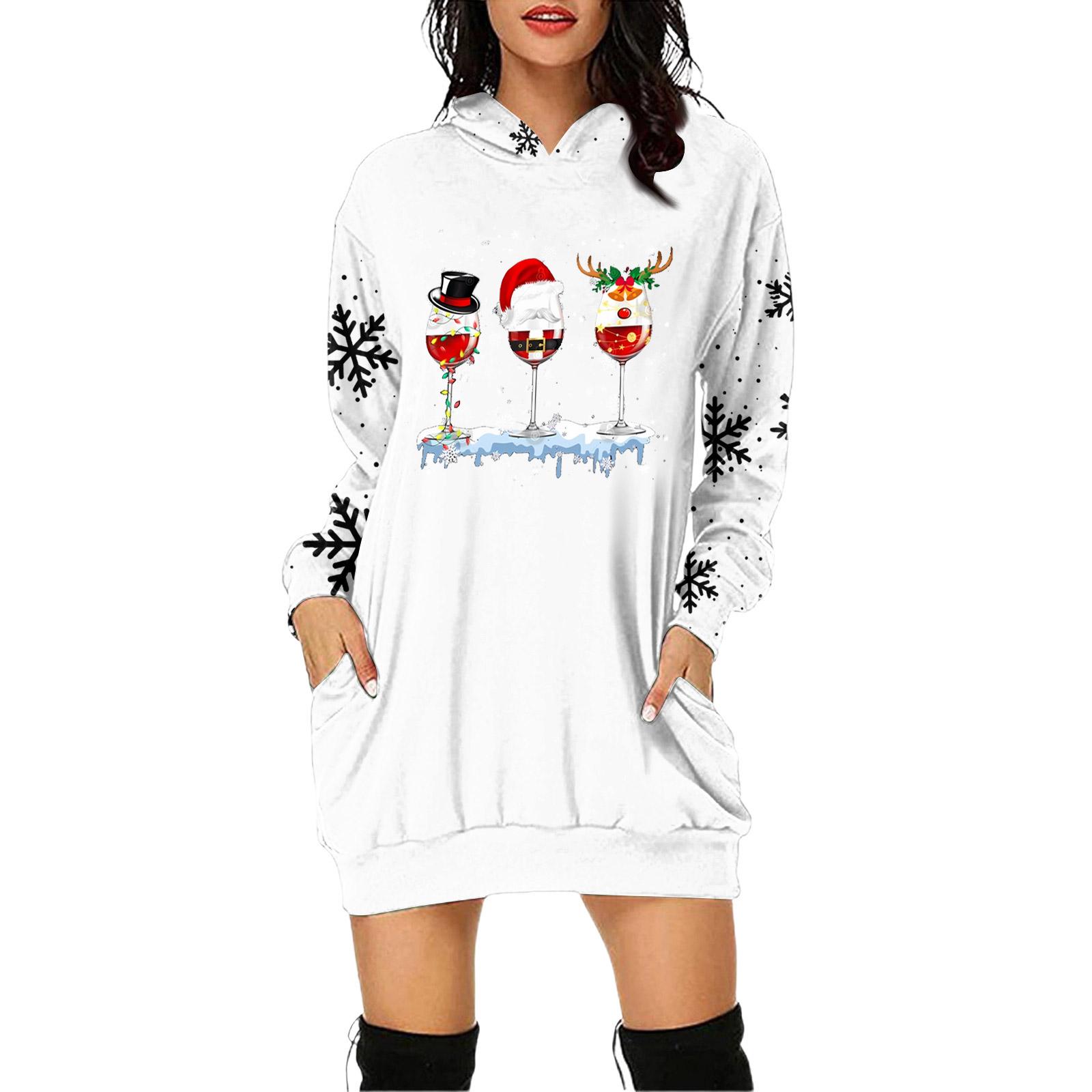 

Женское платье-пуловер с капюшоном и карманом с рождественским принтом и длинным рукавом M белый