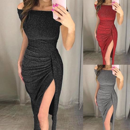 Bodycon Dress Off Shoulder Shiny Spring Autumn Slash Neck Strapless High Split Dress for Wedding