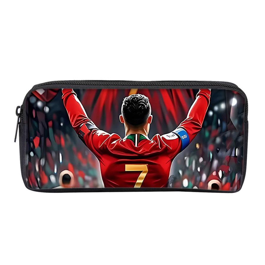 Black Football Star CR7 Pattern Pencil Bag with Zipper Canvas Fabric Stationery Organizer for Schools and Offices