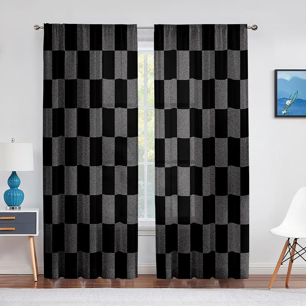 Black and White Groovy Checkerboard Sheer Voile Curtain Abstract Psychedelic Window Tulle Curtains for Living Room Bedroom Decor