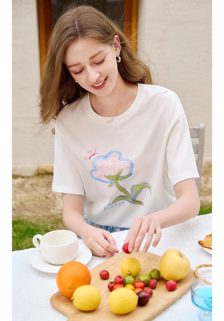 Fragrant Shadow Dopamine Printed White T-shirt for Women, 2026 Summer New Edition, Lyocell Loose Casual Short Sleeve Thin Top