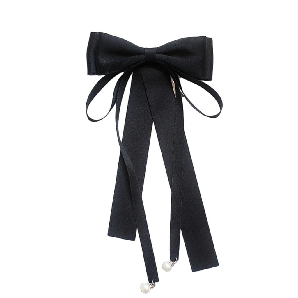 Elegant Pearls Long Ribbon Bowtie with Pin Pre Tied Adjustable Preppy Styles Bowknot Necktie for Fashionable Women Ties