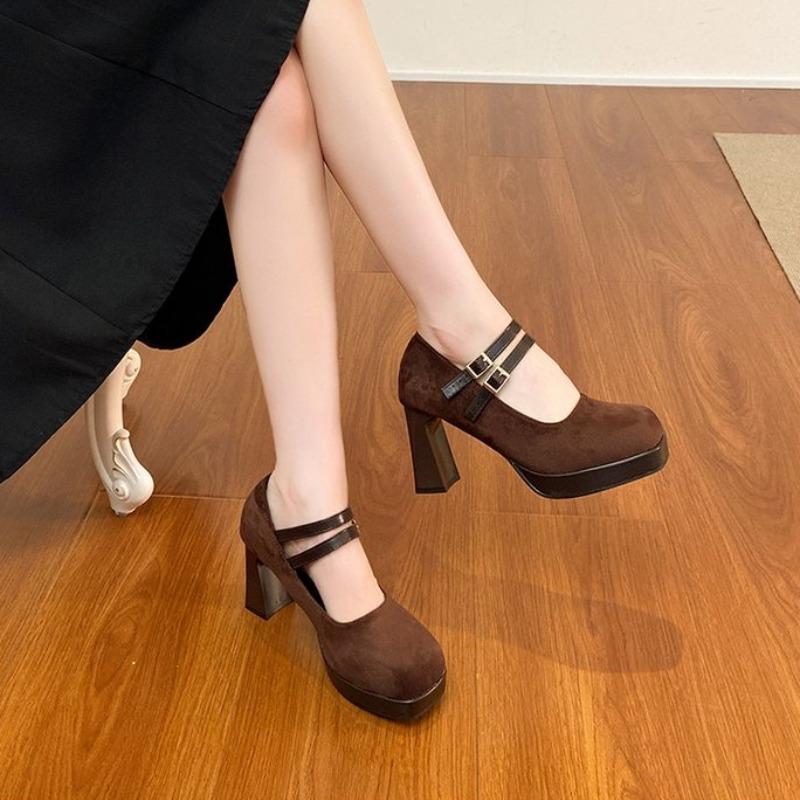 Women's Shoes High Heels 2026 New Spring and Autumn Square-headed Button with Thick Heel