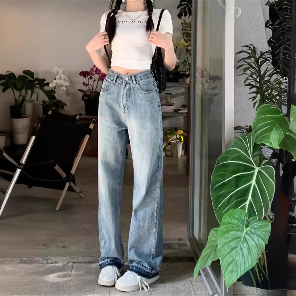 

High-Waisted Color-Block Hem Denim Trousers - Loose Straight-Leg Floor-Length Pants 1141 Small синий