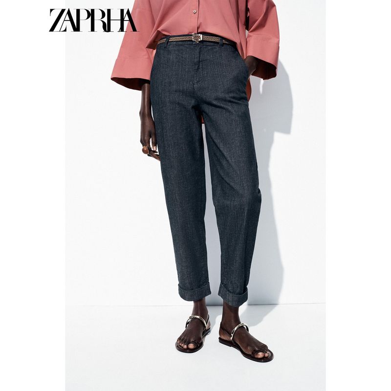 Zaprha 2025 Summer New Fashion Mid-Waist Curling Trousers Woven Belt Denim Casual Pants 2194406